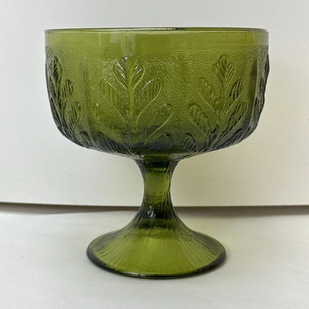 Vintage FTD  1978 Green Glass Goblet Leaf Bowl Vase with Stem Pedestal Decor